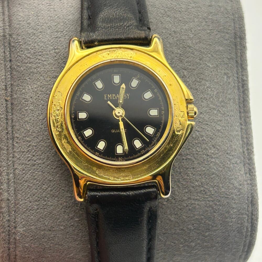 Vintage Gold-tone Embassy Black Dial Women’s Quartz Watch Working